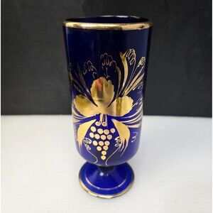 Vintage Cobalt Blue Glass Vase Gilded Gold Floral Design Pedestal 6.75"